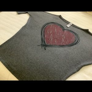 Made in USA go couture top. Dark gray with deep red heart on front